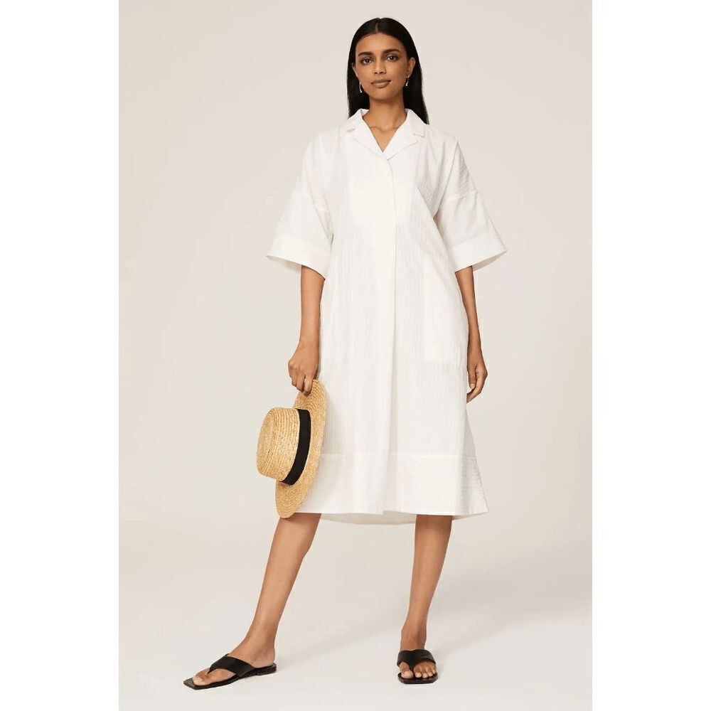 Club Monaco Textured Striped Midi Shirt Dress Short Sleeve Off White Size XS